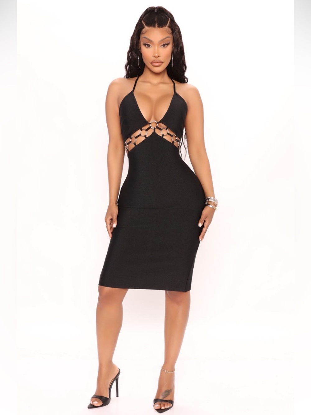 Fashion Nova Black Halter Midi Dress with Ring Cutouts